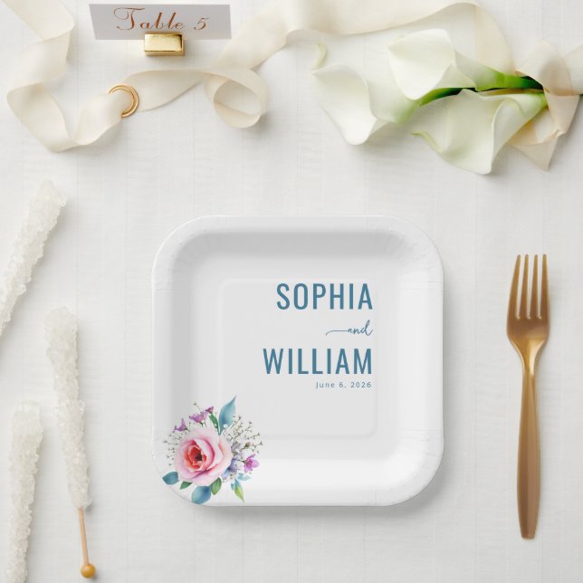 Serene Blue Floral Elegancy Paper Plate (Wedding)