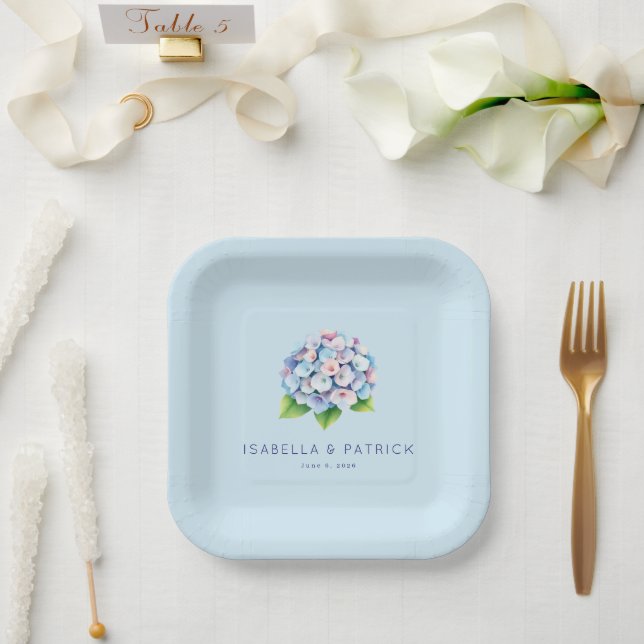 Serene Blue Floral Hydrangea Bouquet Paper Plate (Wedding)