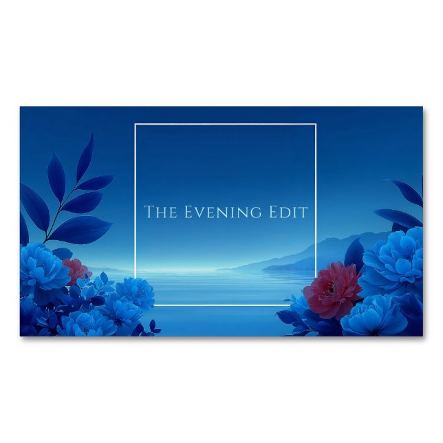 Serene Blue Floral Seascape Pink Accent Magnetic Business Card (Front)
