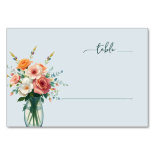 Serene Blue Floral Watercolor Bouquet Table Number