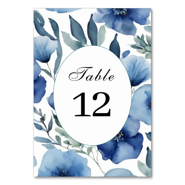 Serene Blue Floral Wedding Invitations Table Number (Front)