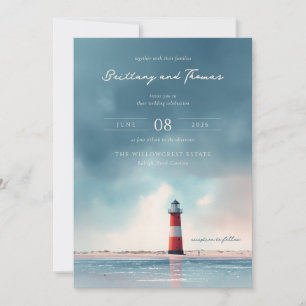Serene Blue Lighthouse Beach Invitation