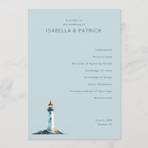 Serene Blue Lighthouse Wedding Ceremony Program