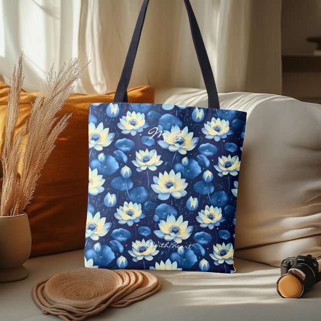 Serene Blue Lotus Floral Wellness Tote Bag (Creator Uploaded)