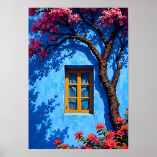 Serene Blue Mediterranean Window & Cherry Blossoms Poster