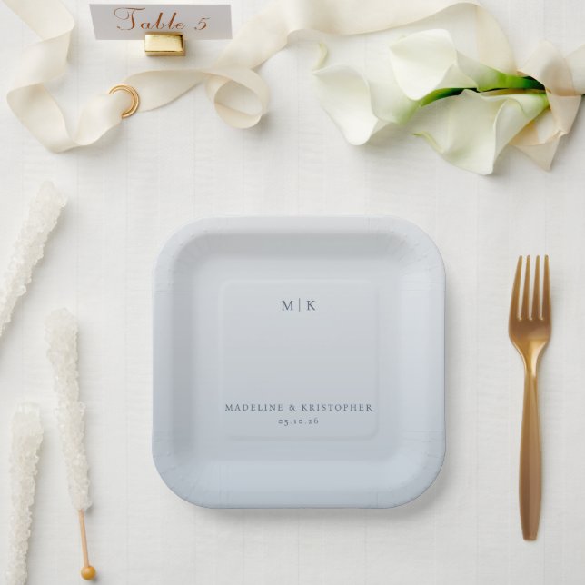 Serene Blue Minimalist Initials Paper Plate (Wedding)