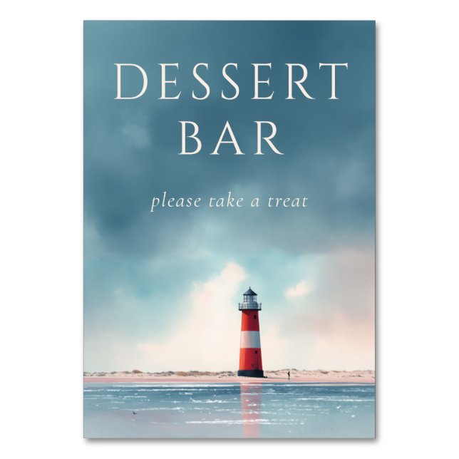 Serene Blue Minimalist Lighthouse Table Number (Front)