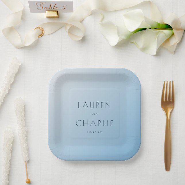 Serene Blue Minimalist Names Paper Plate (Wedding)