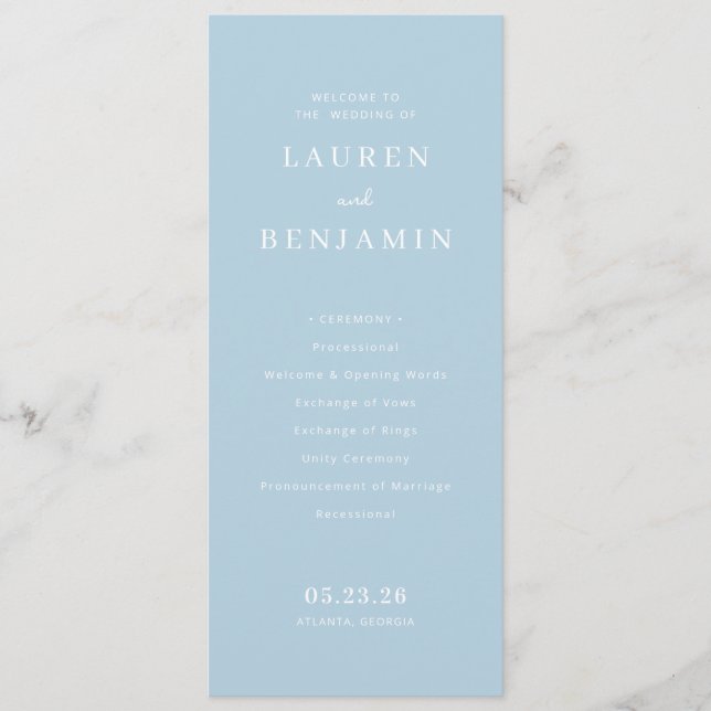 Serene Blue Minimalist Wedding Ceremony Program (Front)