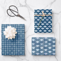 Serene Blue Motifs: Fans, Waves & Geometric Design