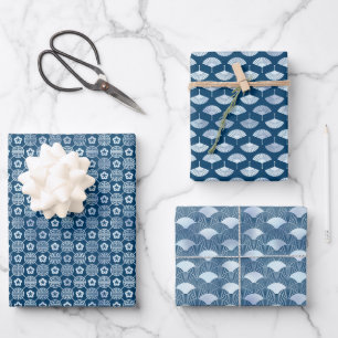 Serene Blue Motifs: Fans, Waves & Geometric Design Wrapping Paper Sheet