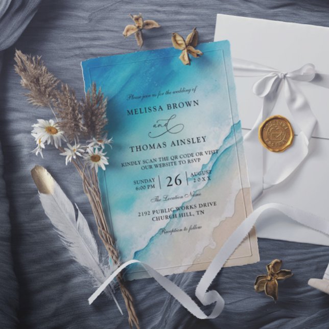 Serene Blue Ocean Beach Budget QR Code Wedding Invitation (Creator Uploaded)