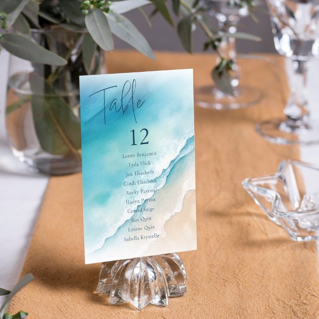  Serene Blue Ocean Beach Table Seating Chart Invitation (Enchanting Blue Ocean and White Sand Beach table seating charts.)