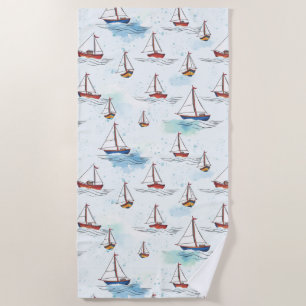 Serene Blue Red Sailing Boats on Sea Pattern Beach Towel