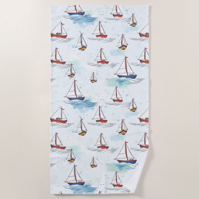 Serene Blue Red Sailing Boats on Sea Pattern Beach Towel (Front)