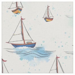 Serene Blue Red Sailing Boats on Sea Pattern Fabric