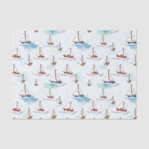 Serene Blue Red Sailing Boats on Sea Pattern Tissue Paper
