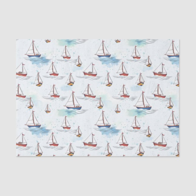 Serene Blue Red Sailing Boats on Sea Pattern Tissue Paper (Front)
