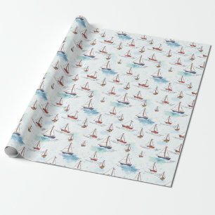Serene Blue Red Sailing Boats on Sea Pattern Wrapping Paper