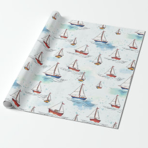 Serene Blue Red Sailing Boats on Sea Pattern Wrapping Paper
