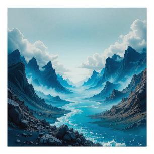 Serene Blue River Flowing Amidst Dramatic Mountain Photo Print