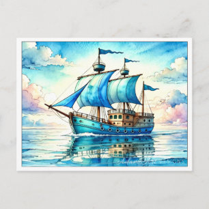 Serene Blue Sailing Ship Watercolor Holiday Postcard