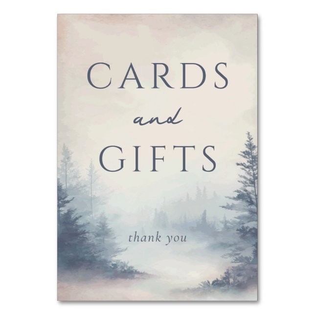 Serene Blue Watercolor Forest Scene Table Number (Front)