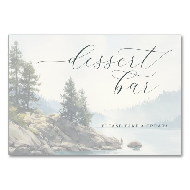 Serene Blue Watercolor Lakeside Scene Table Number (Front)