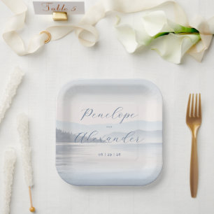 Serene Blue Watercolor Landscape Paper Plate
