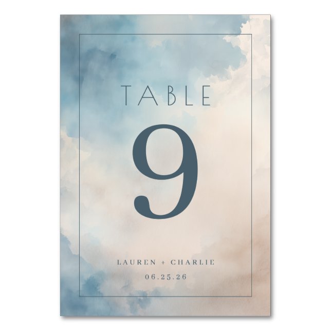 Serene Blue Watercolor Table Number (Front)