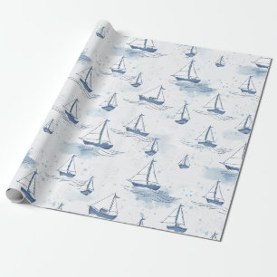 Serene Blue White Sailing Boats on Sea Pattern Wrapping Paper