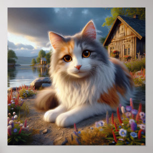 Serene Calico Cat in a Tranquil Countryside Poster