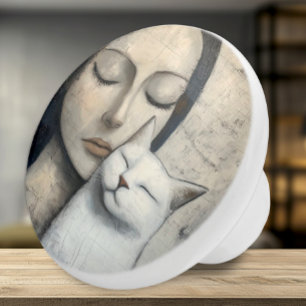 Serene Cat and Woman Neutral Ceramic Knob