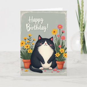 Serene Cat Flowers Birthday Card