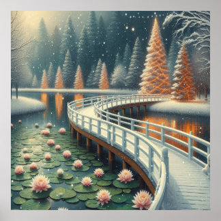Serene Christmas Scene of a Bridge Over a Pond Poster