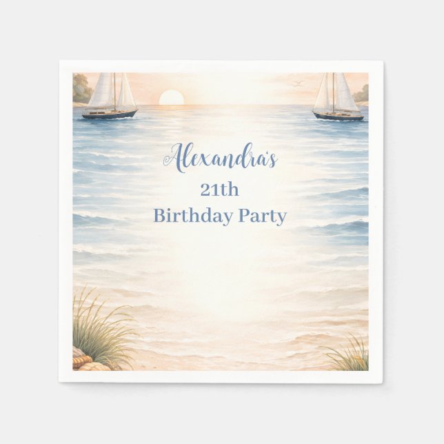 Serene Coastal Sail Birthday Napkin (Front)