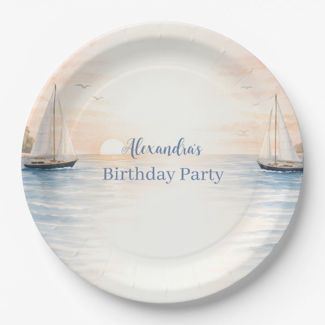 Serene Coastal Sail Birthday Paper Plate (Front)