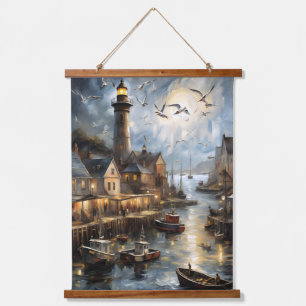 Serene Coastal Village at Dusk Nautical Harbour Ar Hanging Tapestry