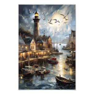 Serene Coastal Village at Dusk Nautical Harbour Ar Photo Print