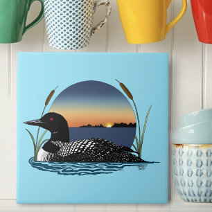 Serene Common Loon Sunset Blue Wildlife Lake Ceramic Tile