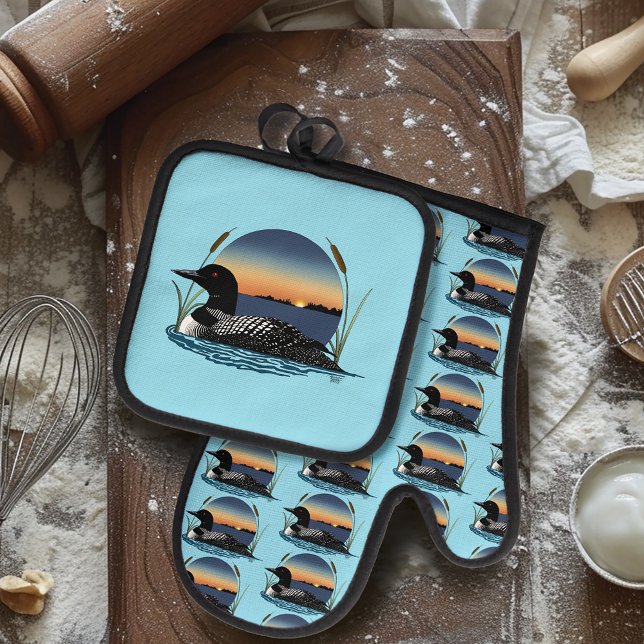Serene Common Loon Sunset Blue Wildlife Lake Oven Mitt & Pot Holder Set (Creator Uploaded)
