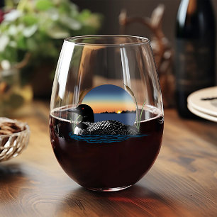 Serene Common Loon Sunset Blue Wildlife Lake Stemless Wine Glass