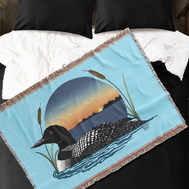 Serene Common Loon Sunset Blue Wildlife Lake Throw Blanket (Creator Uploaded)
