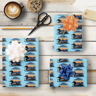Serene Common Loon Sunset Blue Wildlife Lake Wrapping Paper Sheet