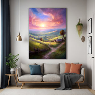 Serene Countryside Sunrise Peaceful Landscape Art Poster