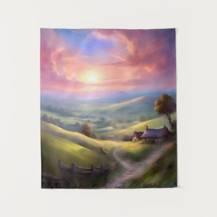 Serene Countryside Sunrise Peaceful Landscape Art Tapestry