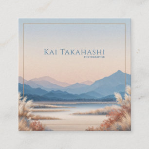 Serene Desert Pampas Grass Gold Frame Mountain Square Business Card