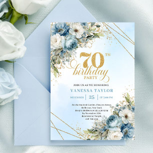 Serene dusty blue watercolor florals 70th birthday invitation