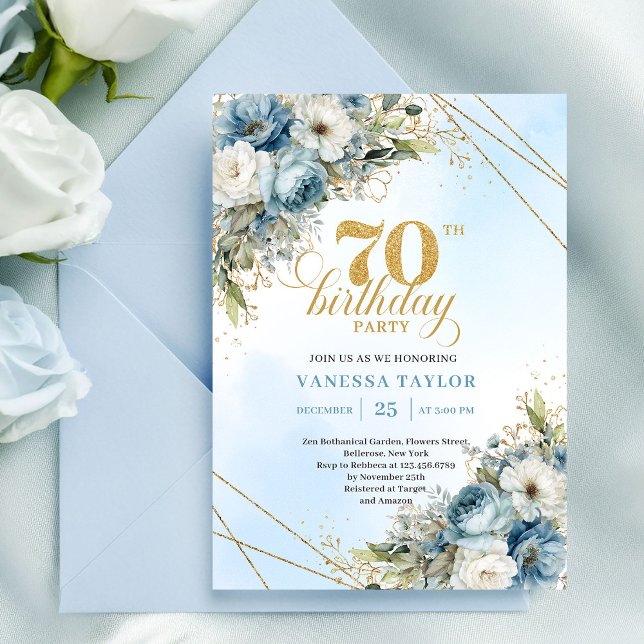Serene dusty blue watercolor florals 70th birthday invitation (Serene dusty blue watercolor florals 70th birthday

)