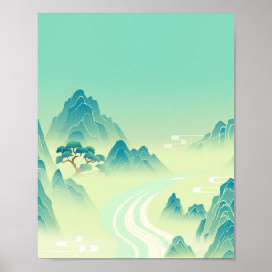 Serene Eastern Landscape - Minimalist Mountain Art Poster